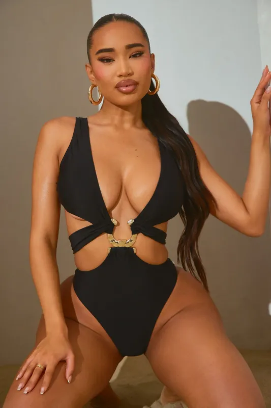 Farra Hardware Cutout 1 Piece Swimsuit - Black sold by Fashion Nova