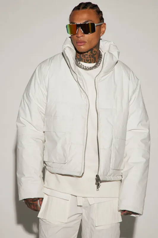 Baxter Light Weight Cropped Puffer - White/combo sold by Fashion Nova