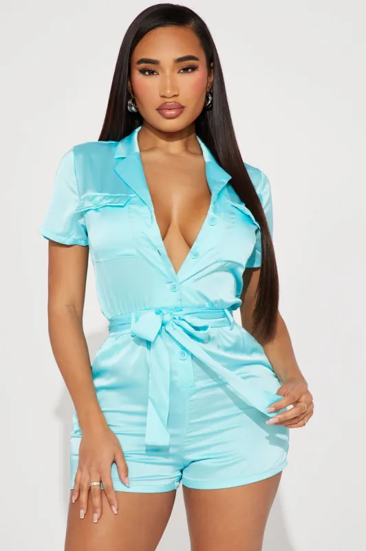 Get With It Satin Romper - Blue sold by Fashion Nova