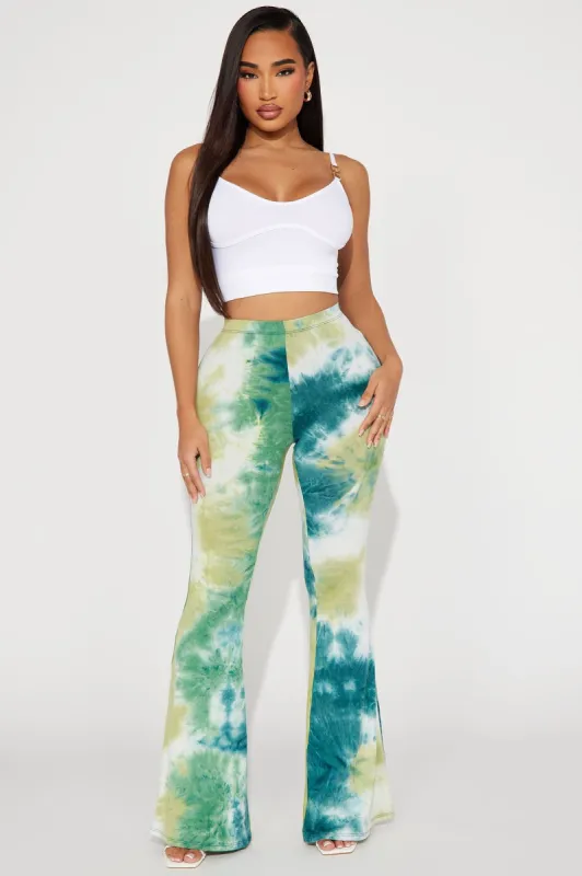 In My Zone Tie Dye Flare Pant - Green/combo sold by Fashion Nova