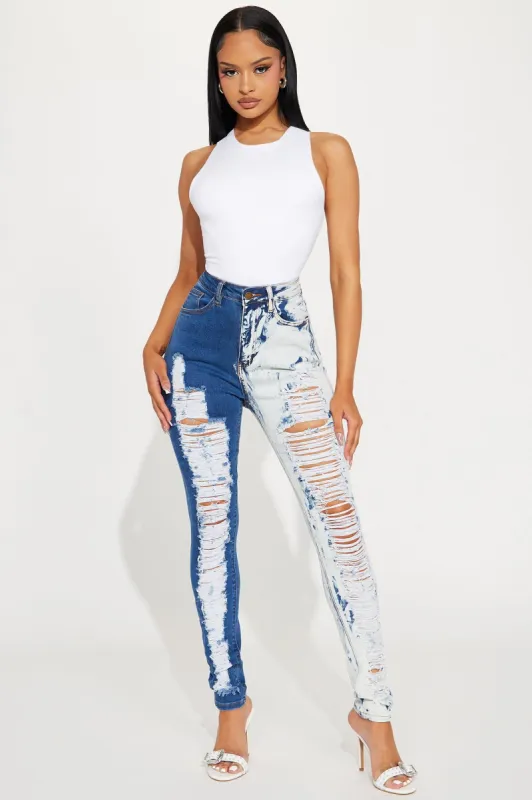 Taking It Personally Stretch Two Tone Ripped Skinny Jeans - Dark Wash sold by Fashion Nova