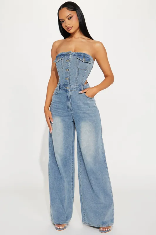 Making Moves Denim Jumpsuit - Medium Wash sold by Fashion Nova