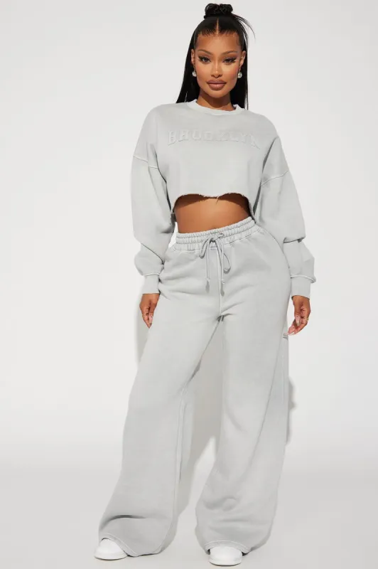 Brooklyn Baby Embroidered Wide Leg Sweatpants - Grey sold by Fashion Nova
