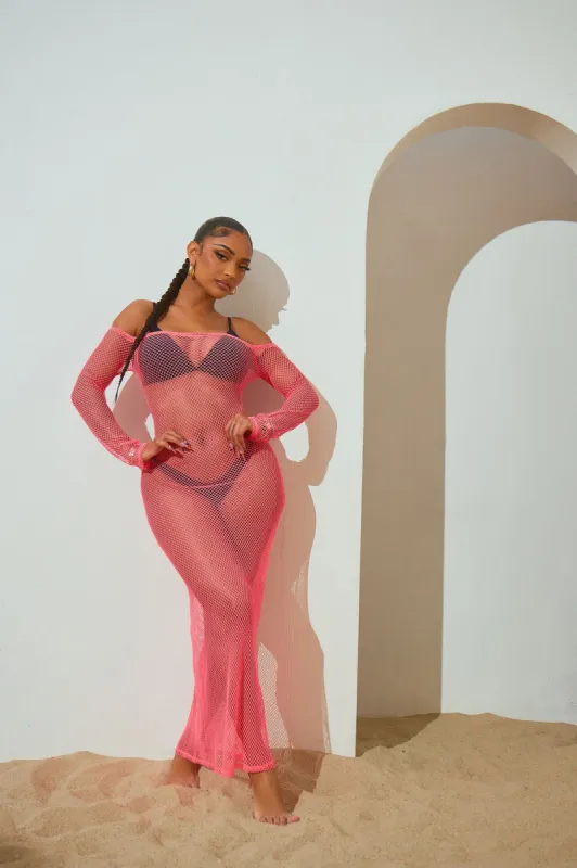 Shiloh Off Shoulder Cover Up Maxi Dress - Hot Pink sold by Fashion Nova