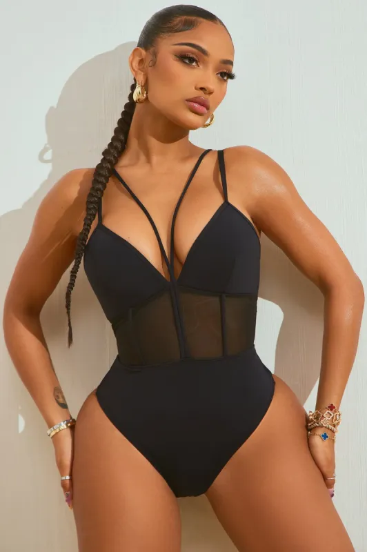 Laying Poolside Illusion Mesh Cutout 1 Piece Swimsuit - Black sold by Fashion Nova