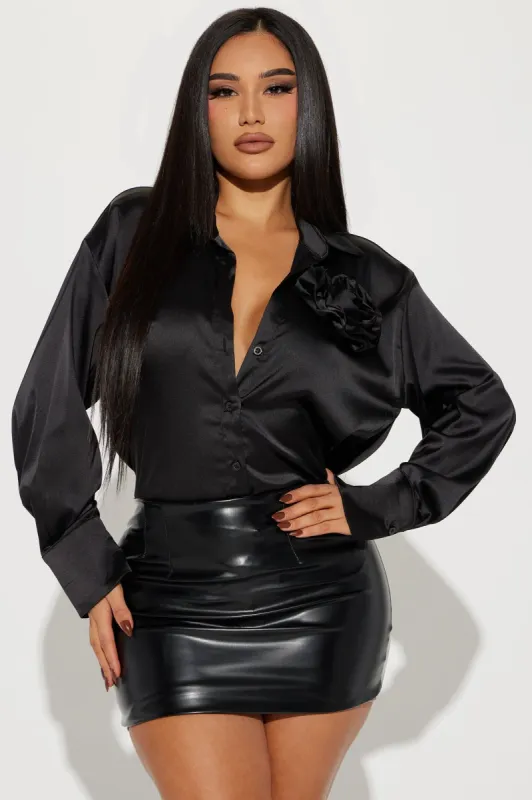 Rosey Girl Satin Shirt - Black sold by Fashion Nova