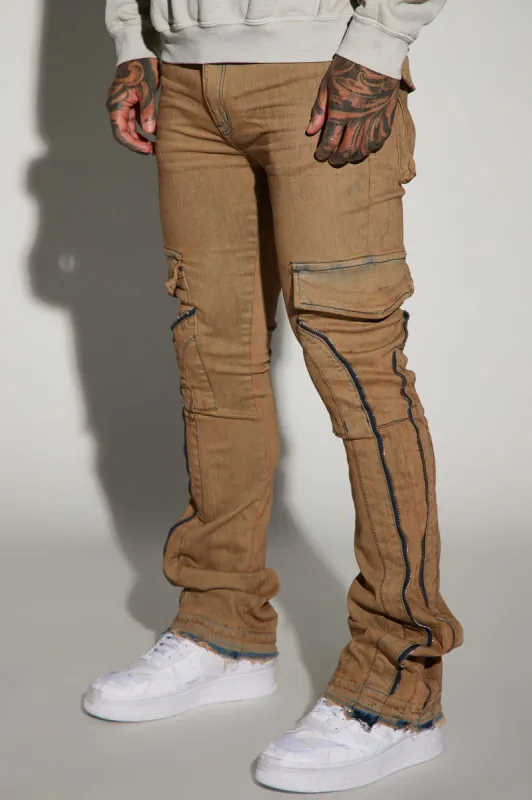 Down Ways Stacked Skinny Zipper Flare Pants - Tan sold by Fashion Nova