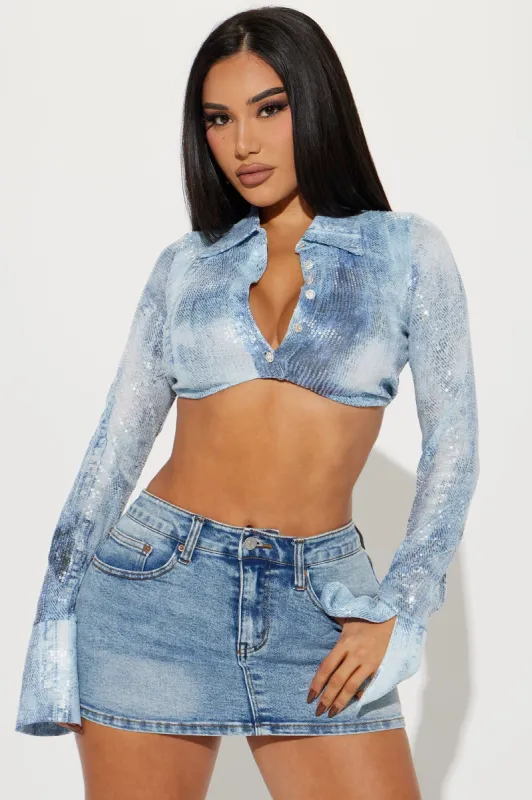 Set The Mood Sequin Top - Blue/combo sold by Fashion Nova