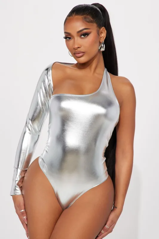 Your Addiction Metallic Bodysuit - Silver sold by Fashion Nova