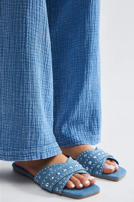 We Should Link Studded Flat Sandals - Blue sold by Fashion Nova