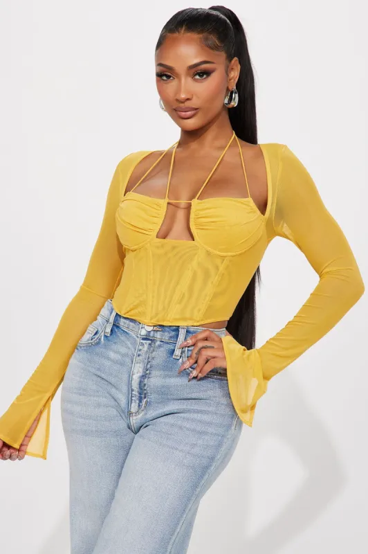 Melanie Mesh Corset Top - Mustard sold by Fashion Nova
