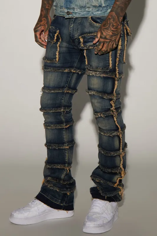 Square Pockets Fray Stacked Skinny Flare Jeans - Dark Wash sold by Fashion Nova