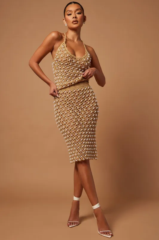 Miriam Pearl Crochet Midi Skirt - Taupe sold by Fashion Nova