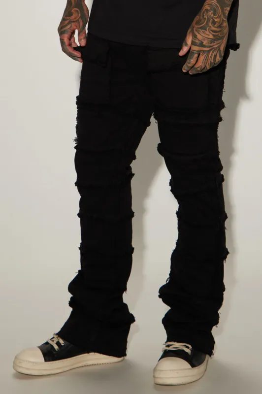 Square Pockets Fray Stacked Skinny Flare Pants - Black sold by Fashion Nova