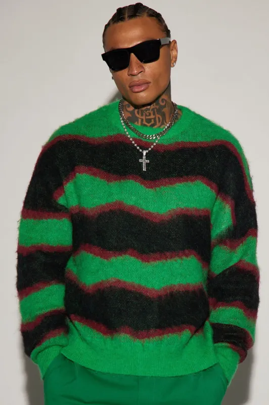 Uneven Lines Fuzzy Crewneck Sweater - Green/combo sold by Fashion Nova