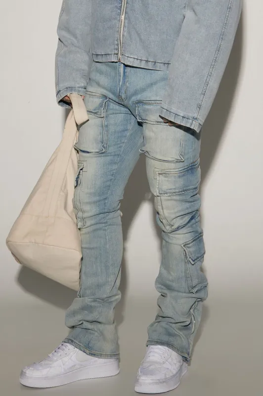 Three Cargo Stacked Skinny Zipper Flare Jeans - Light Wash sold by Fashion Nova