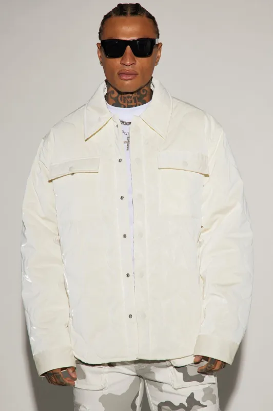 Aspen Quilted Gloss Nylon Shacket - White sold by Fashion Nova
