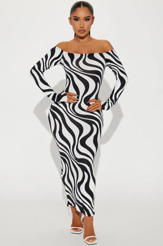 Camila Off Shoulder Midi Dress - Black/White sold by Fashion Nova