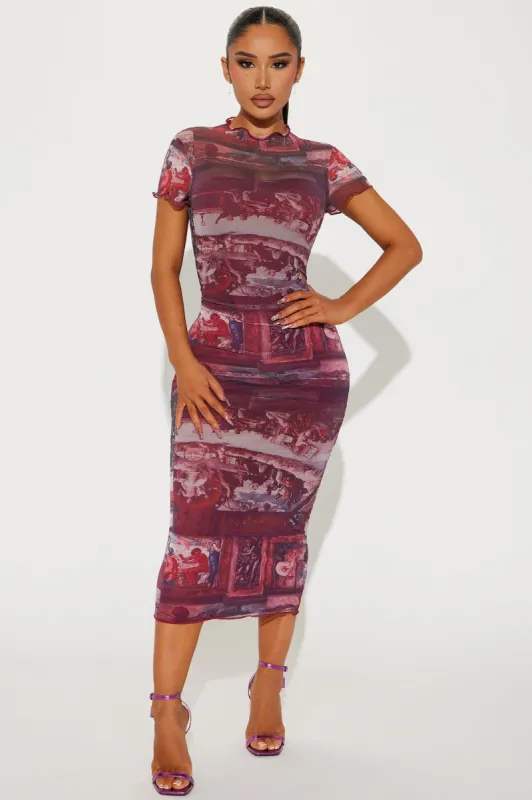 Roman Holiday Mesh Maxi Dress - Burgundy/combo sold by Fashion Nova