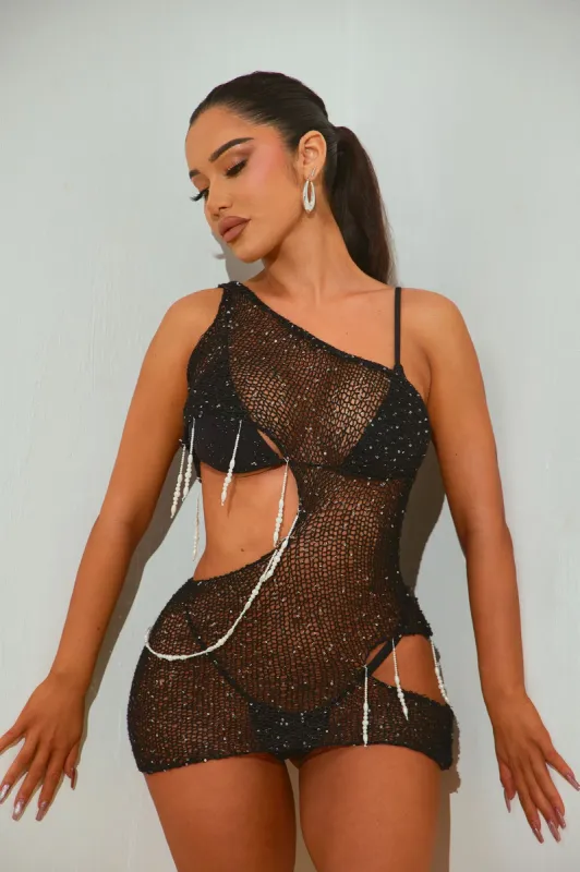 Celestine Sequin Crochet Pearls Cover Up Dress - Black sold by Fashion Nova