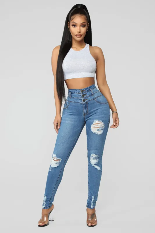 Feeling Lucky Distressed Skinny Jeans - MediumBlueWash sold by Fashion Nova