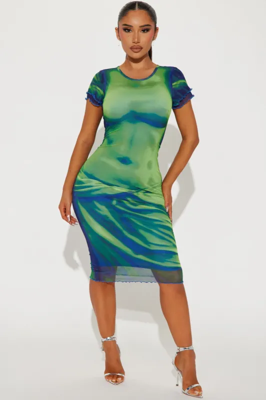 Body Language Mesh Midi Dress - Blue/combo sold by Fashion Nova