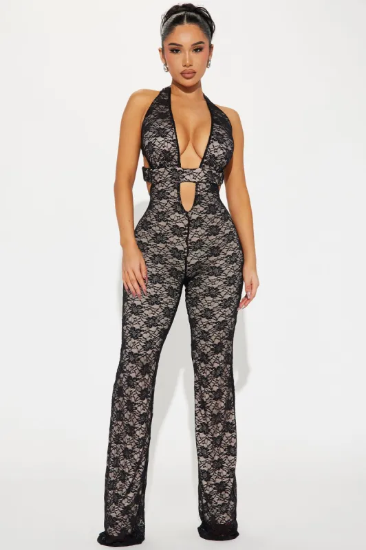 Here To Stay Lace Jumpsuit - Black sold by Fashion Nova