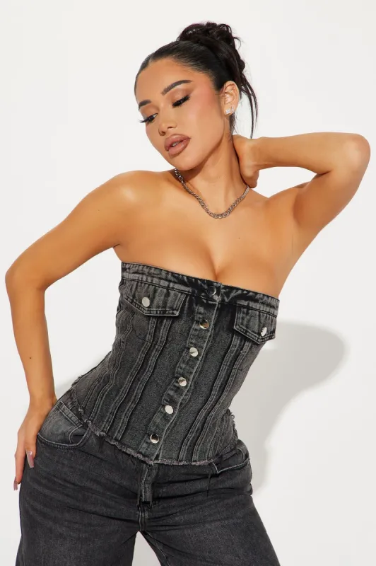 In A Trance Washed Denim Corset Top - Black Wash sold by Fashion Nova