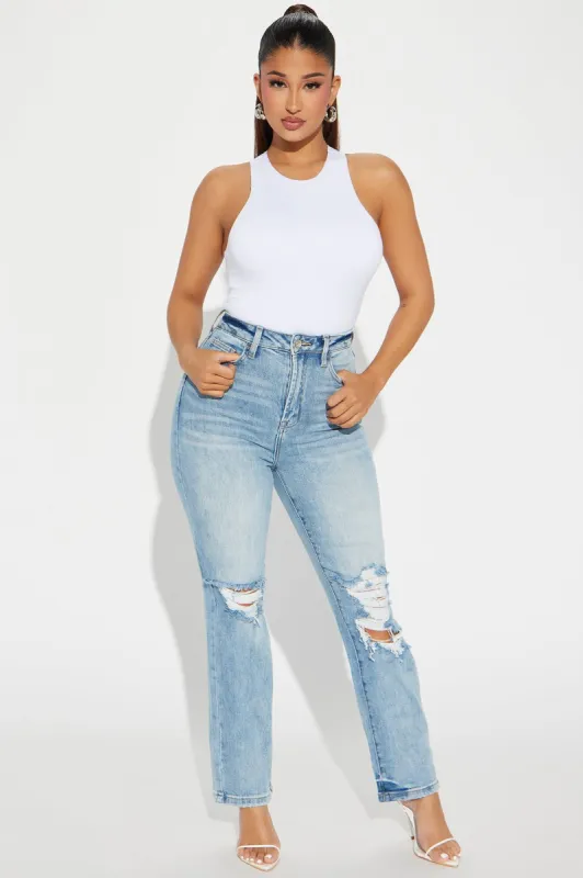 Where To Begin Stretch Slim Straight Leg Jeans - Light Wash sold by Fashion Nova