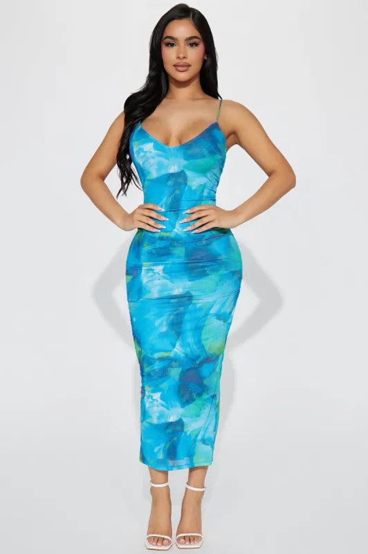 Delilah Mesh Midi Dress - Blue/combo sold by Fashion Nova