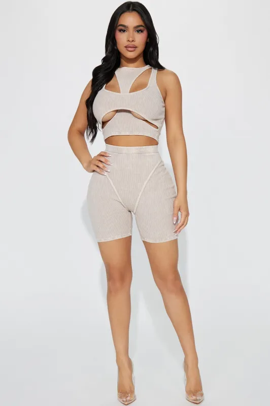 Pia Ribbed Biker Short Set - Taupe sold by Fashion Nova