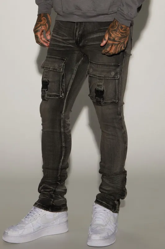 Buckle Strap Cargo Stacked Skinny Flare Jeans - Black Wash sold by Fashion Nova