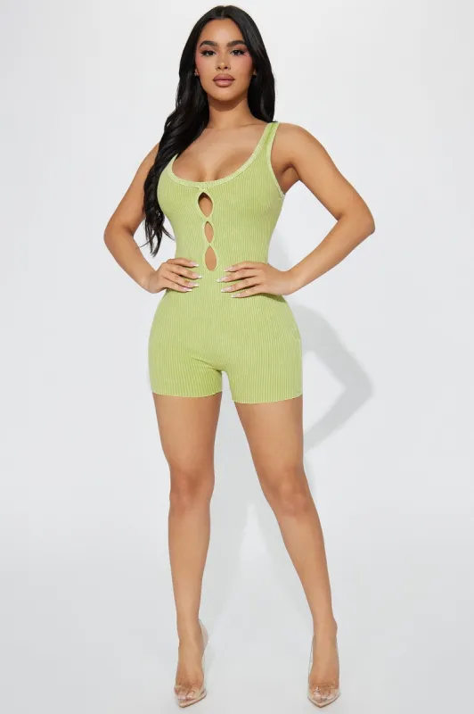 Amina Mineral Wash Romper - Lime sold by Fashion Nova