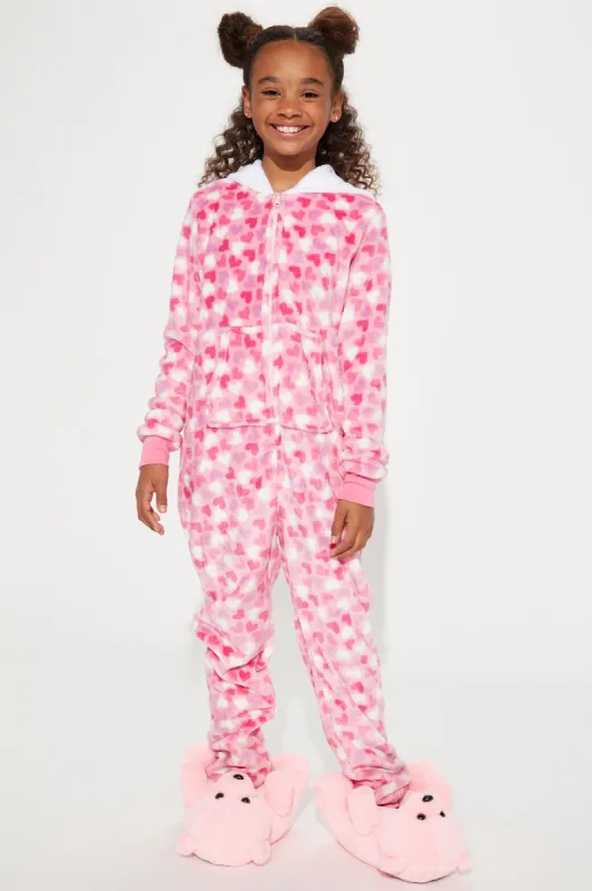 Mini Pure Love Hooded Jumpsuit Onesie - Pink/combo sold by Fashion Nova
