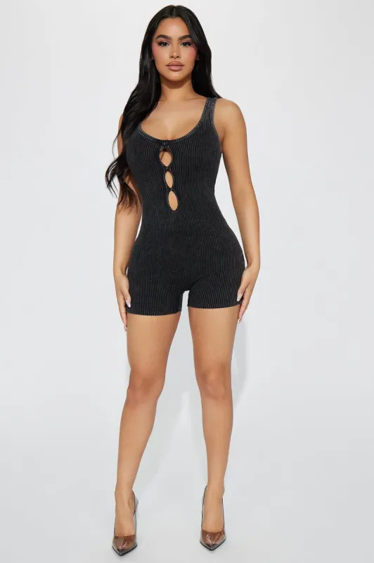 Amina Mineral Wash Romper - Black sold by Fashion Nova