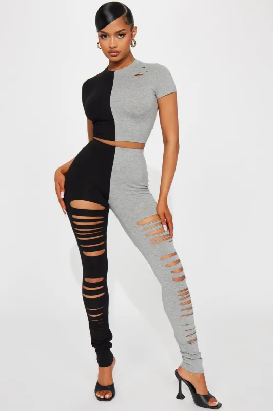 Amali Distressed Leggings Set - Black/Grey sold by Fashion Nova