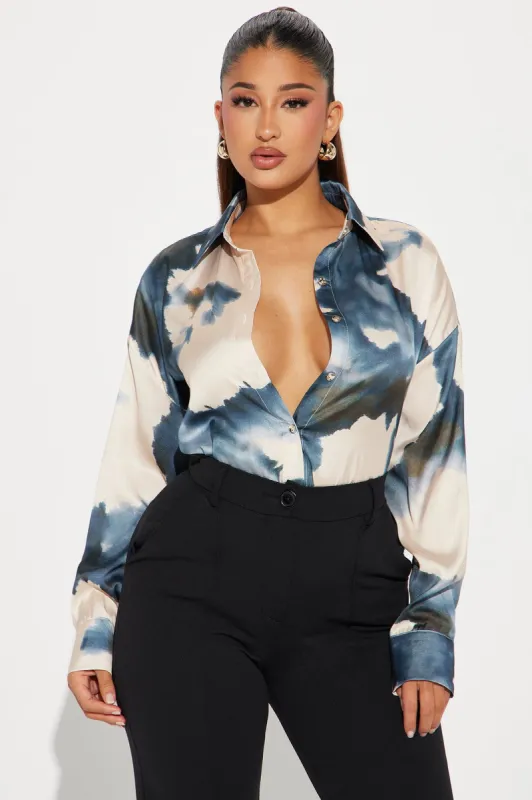 Big Bang Satin Shirt - Taupe/combo sold by Fashion Nova