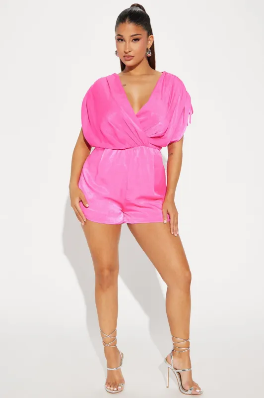Make Me Happy Satin Romper - Fuchsia sold by Fashion Nova