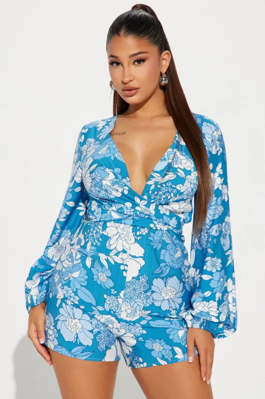 Vacay Dreaming Romper - Blue/combo sold by Fashion Nova
