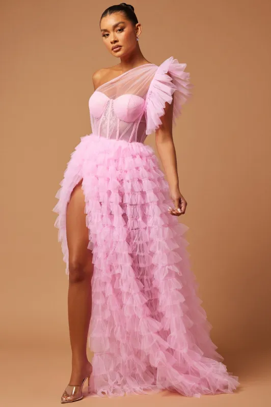 Macie Ruffle Gown - Pink sold by Fashion Nova