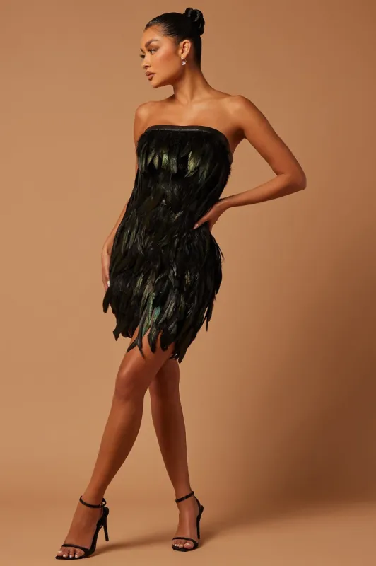 Shayna Feather Mini Dress - Black sold by Fashion Nova