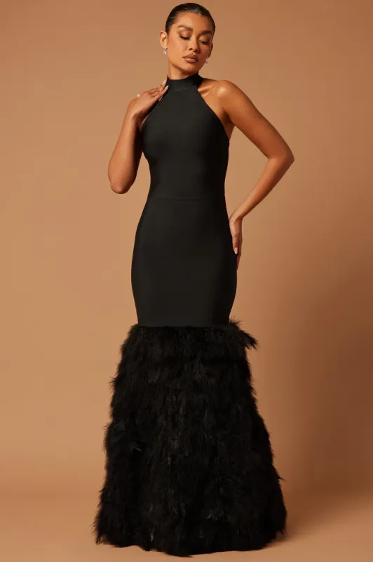 Bailey Feather Bandage Gown - Black sold by Fashion Nova