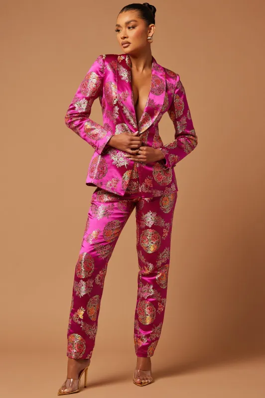 Margo Satin Embroidered Blazer Set - Fuchsia sold by Fashion Nova