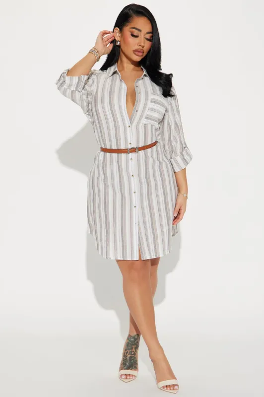 Sara Linen Mini Dress - Mocha/combo sold by Fashion Nova
