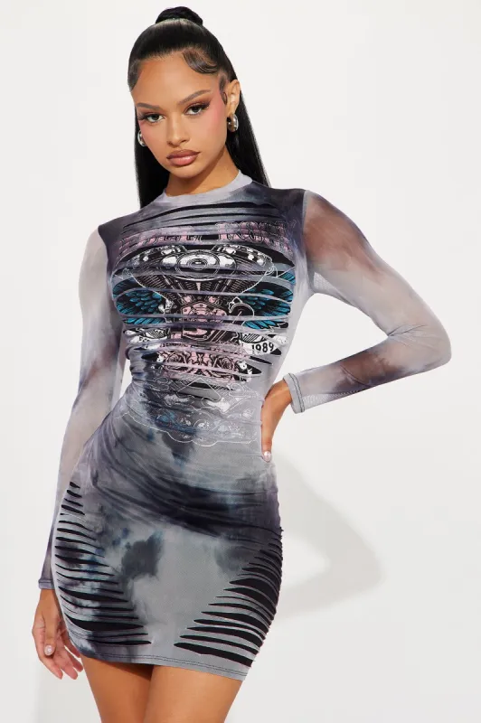 Rebel Rock Mini Dress - Grey/combo sold by Fashion Nova