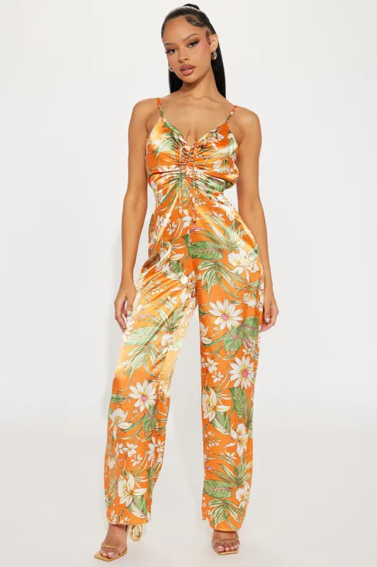 Perfect Vacation Satin Jumpsuit  - Orange sold by Fashion Nova