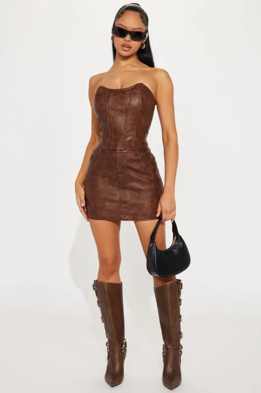 For Me Faux Leather Skirt Set - Brown sold by Fashion Nova