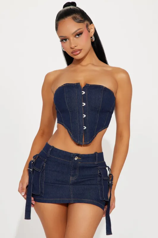 Zenia Denim Micro Mini Skirt Set - Dark Wash sold by Fashion Nova