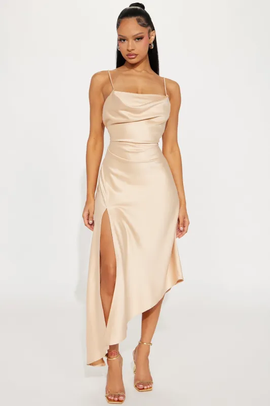 Bella Shiny Satin Midi Dress - Champagne sold by Fashion Nova
