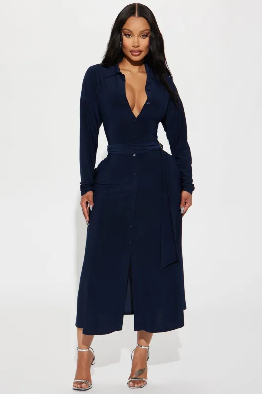 Elena Button Up Midi Dress - Navy sold by Fashion Nova